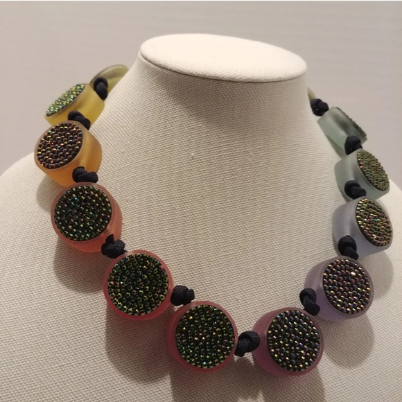 Handmade Crystal Necklace Iridescent Rainbow Oil Slick Pave - Picture 3 of 4